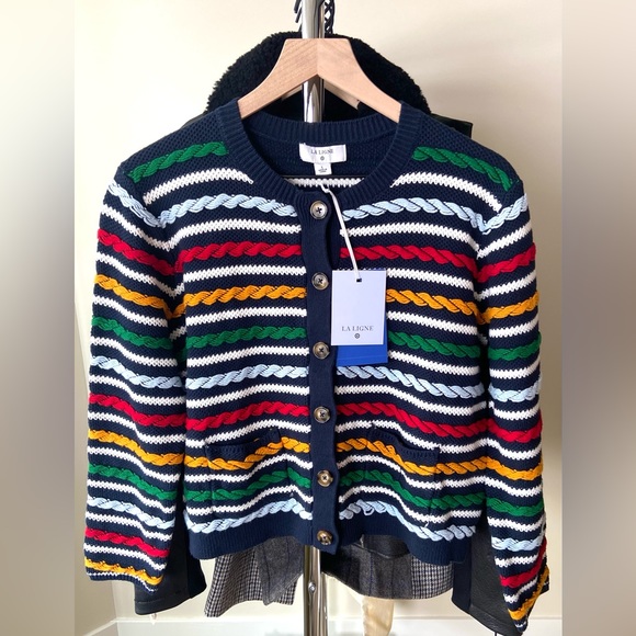 π LA LIGNE x Target Women's Textured Striped Cardigan Sweater Navy Red Yellow - Picture 1 of 17